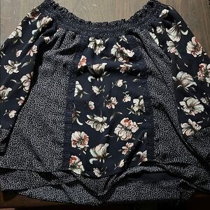 Avenue Navy and Cream Smocked-Neck Blouse